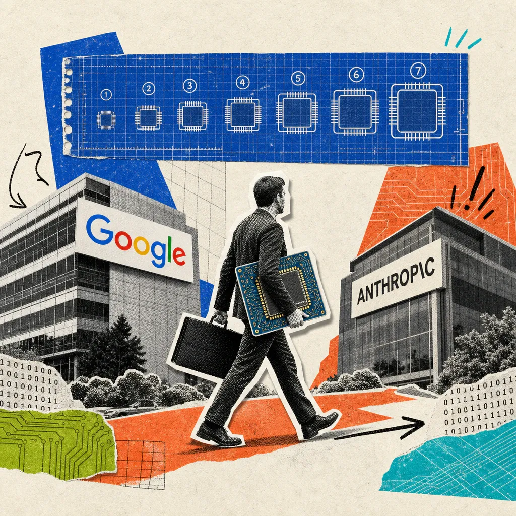 Eine Figur trägt einen Mikrochip vom Google-Logo hinüber zu einem Gebäude mit Anthropic-Logo, darüber schwebt eine Blaupause mit sieben nummerierten Chip-Symbolen.