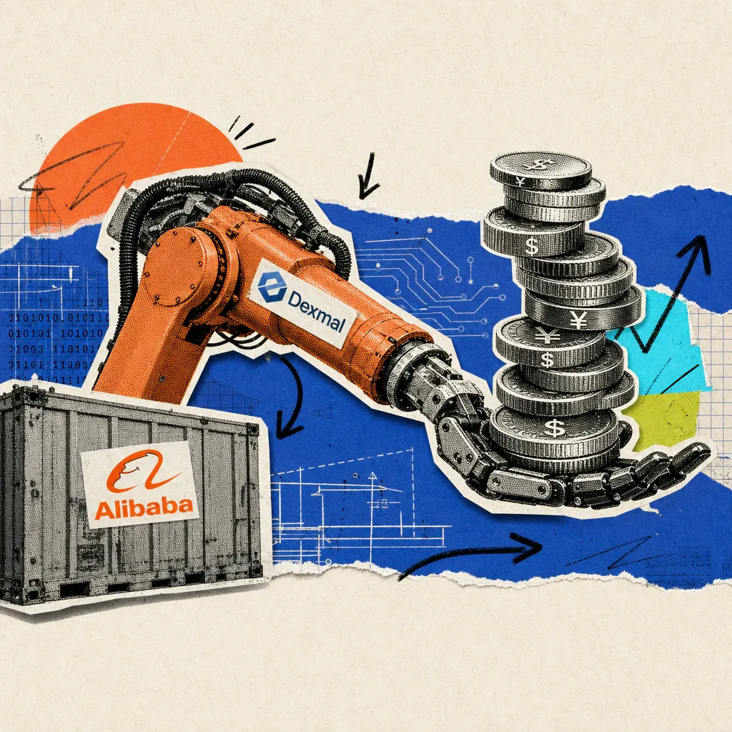Ein Industrieroboterarm mit Dexmal-Logo-Aufkleber balanciert einen Münzturm aus Yuan- und Dollarmünzen, im Hintergrund eine Frachtkiste mit Alibaba-Logo.