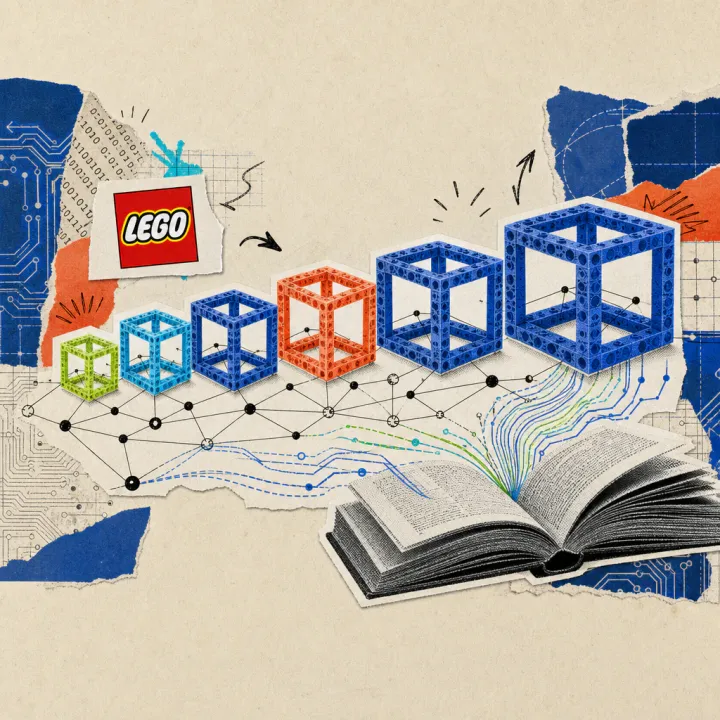 Six open building blocks of different sizes are connected by a network of lines, next to an open book from which data lines flow out.